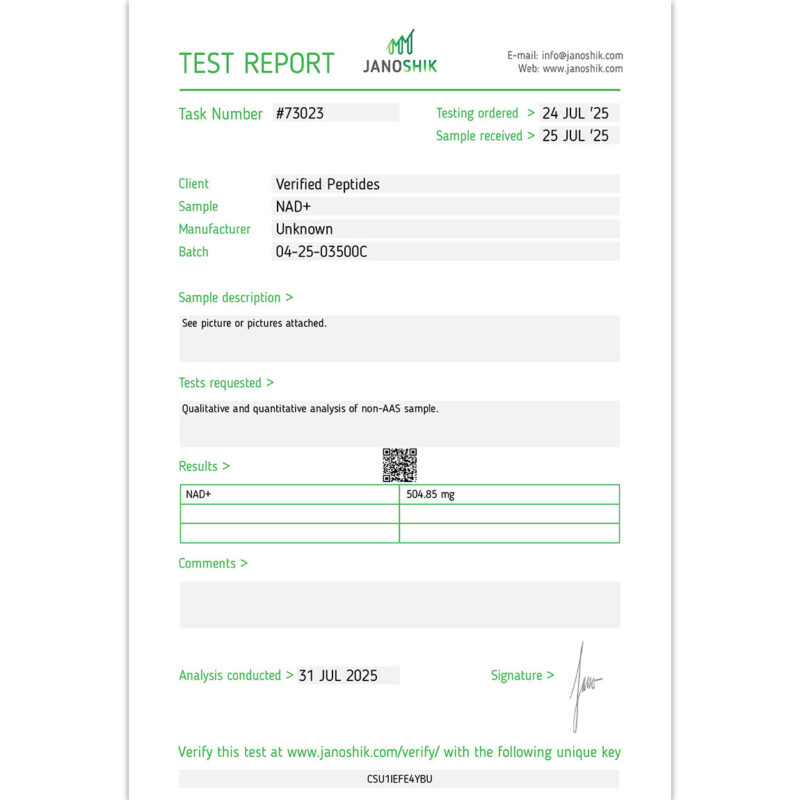 NAD+ Certificate of Analysis Lab Test Report July 2025sq