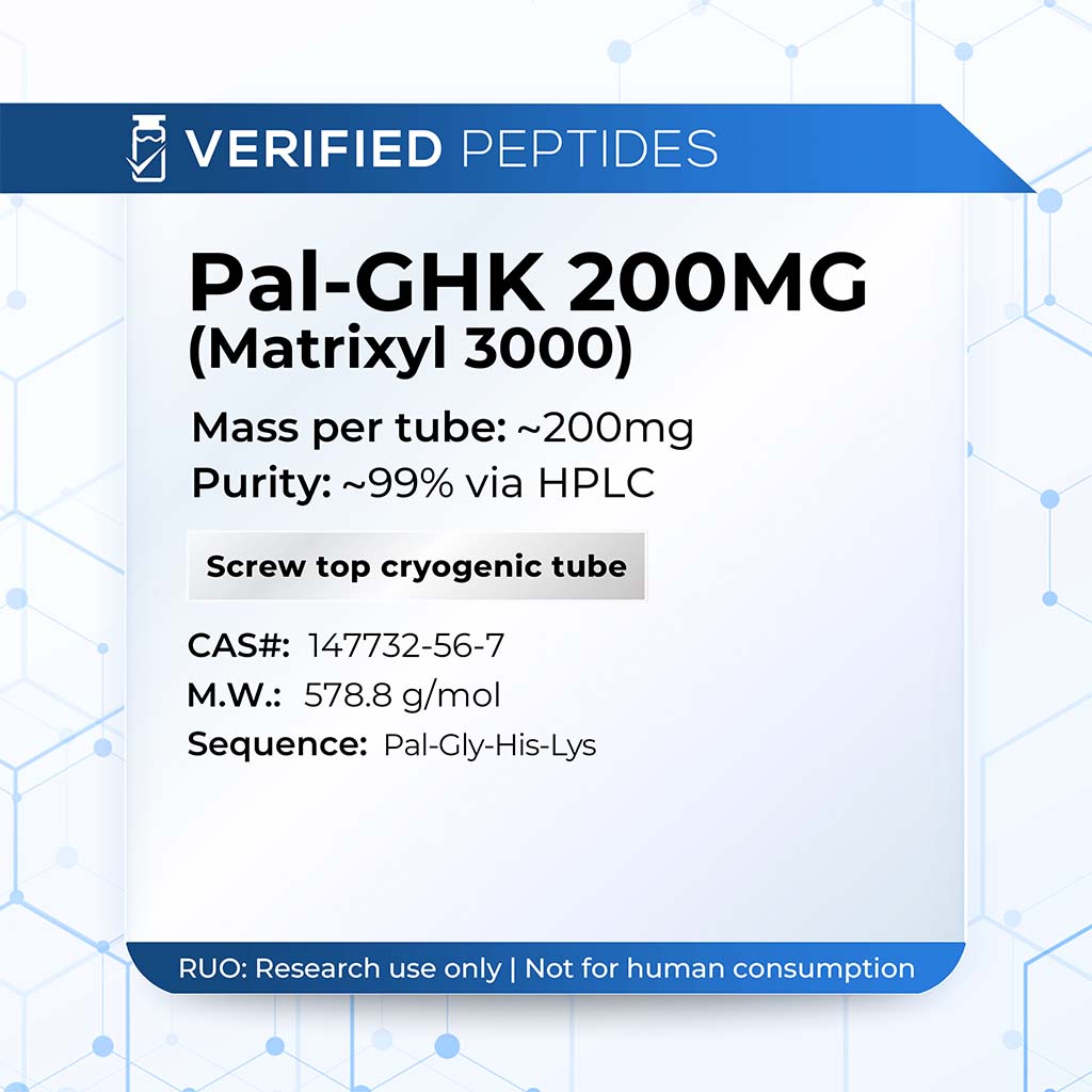 A peptide information sheet for the Verified Peptides Pal-GHK peptide.