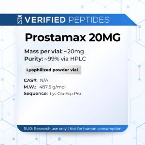 A peptide information sheet for the Verified Peptides Prostamax peptide.
