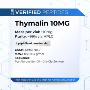 A peptide information sheet for the Verified Peptides 10mg Thymalin peptide.