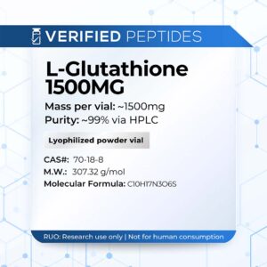 A peptide information sheet for the Verified Peptides Glutathione for sale.