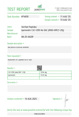 Certificate of Analysis Lab Test Report August 2025 for Ipamorelin CJC1295 Peptide Blend