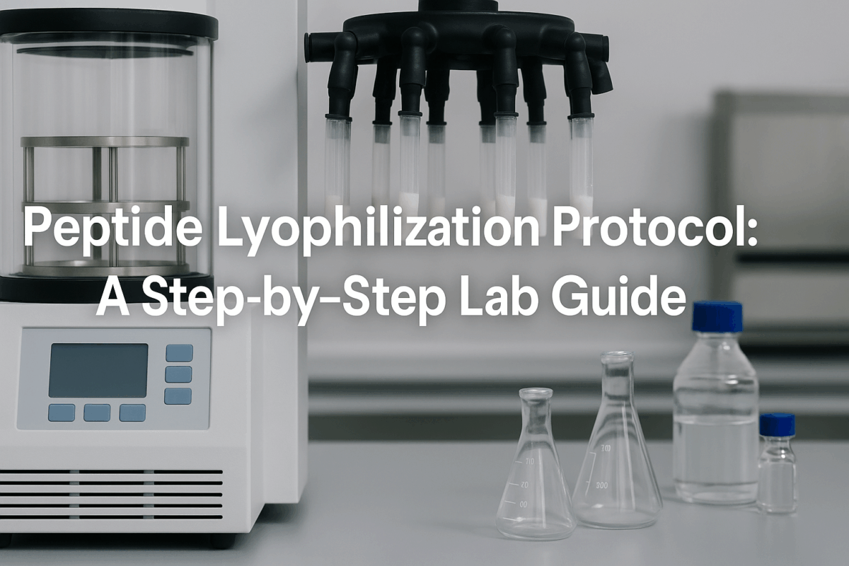An illustration explaining a step-by-step guide for lyophilizing peptides.