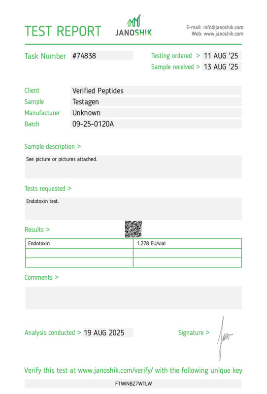 Endotoxin Certificate of Analysis Lab Test Report For Testagen Peptide August 2025