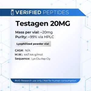 A peptide information sheet for the Verified Peptides 10mg testagen peptide.
