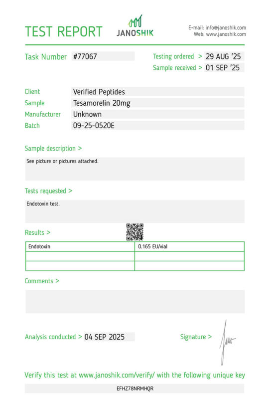 Tesa Endotoxin Certificate of Analysis Lab Test Report September 2025