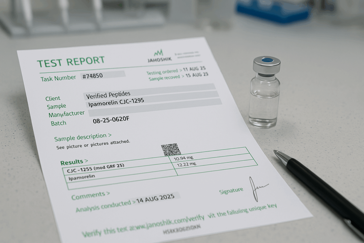 One of our peptide lab test reports showing the purity and weight of a peptide.