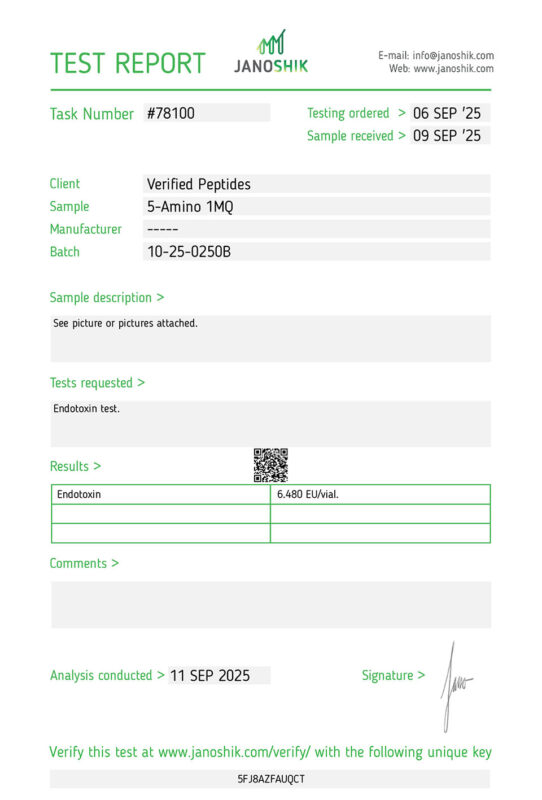 5-Amin 1MQ Peptide Endotoxin Certificate of Analysis Lab Test Report September 2025
