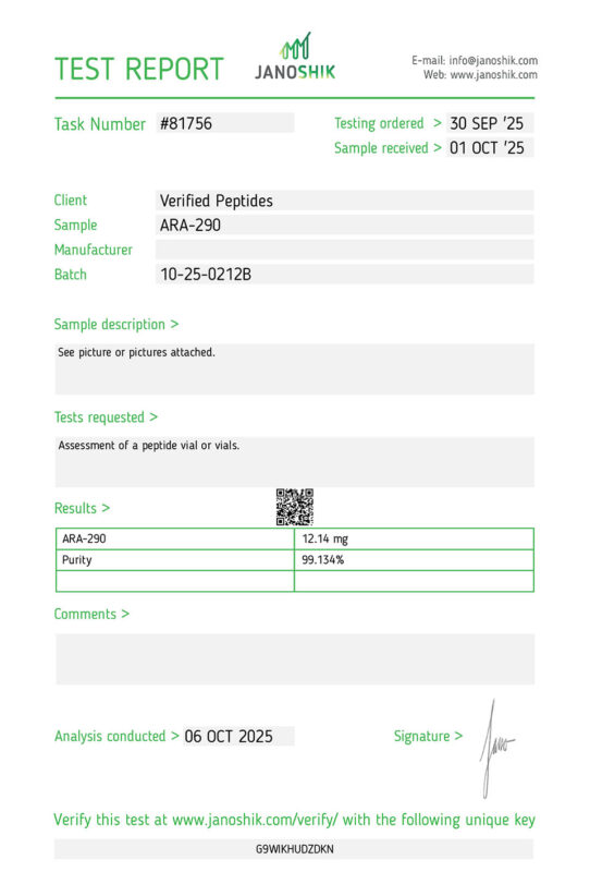 ARA-290 Peptide Purity Certificate of Analysis Lab Test Report October 2025