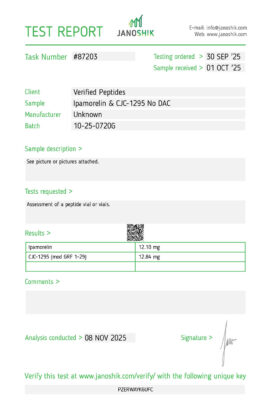 Ipamorelin CJC1295 Peptide Assay Certificate of Analysis Lab Test Report November 2025