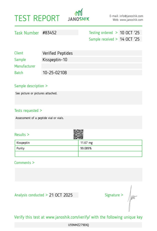 Kisspeptin Peptide Purity Certificate of Analysis Lab Test Report October 2025