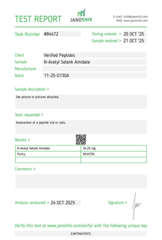 N-Acetyl Selank Amidat Peptide Purity Certificate of Analysis Lab Test Report October 2025