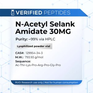 A peptide information sheet for the Verified Peptides 30mg N-Acetyl Selank peptide.