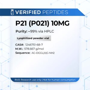 A peptide information sheet for the Verified Peptides 10mg P21 peptide (P021).