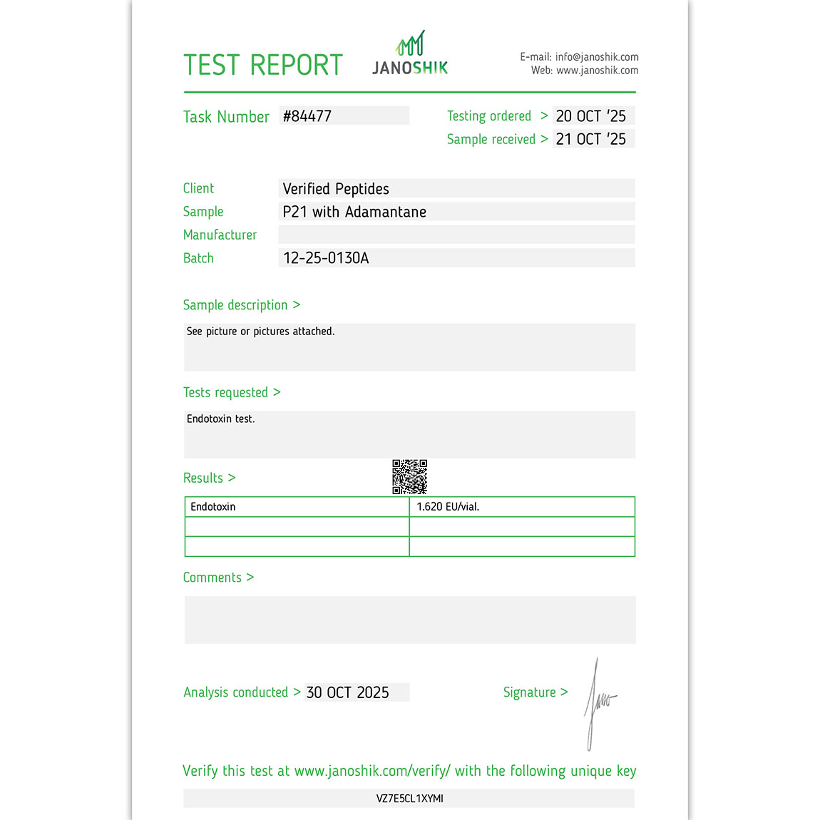 p21 Peptide Endotoxin Certificate of Analysis Lab Test Report October 2025
