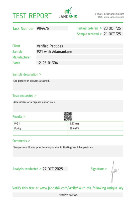 p21 Peptide Purity Certificate of Analysis Lab Test Report October 2025