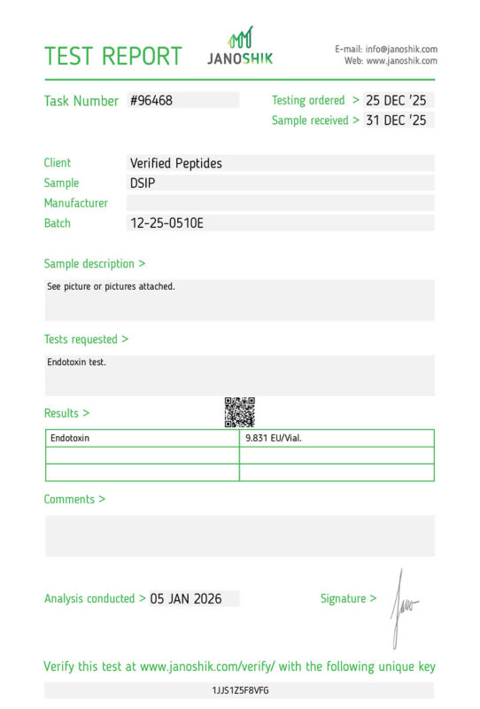 DSIP Peptide Endoxotin Certificate of Analysis Lab Test Report January 2026