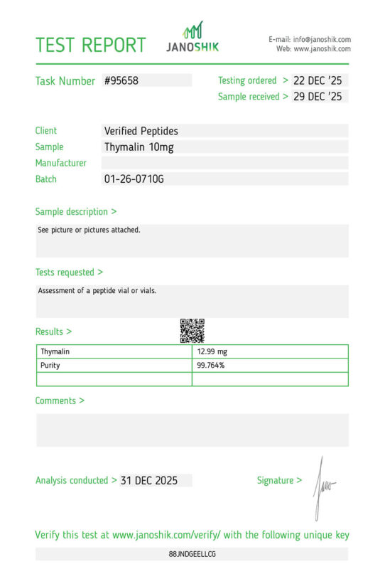 Thymalin Peptide Purity Certificate of Analysis Lab Test Report December 2025