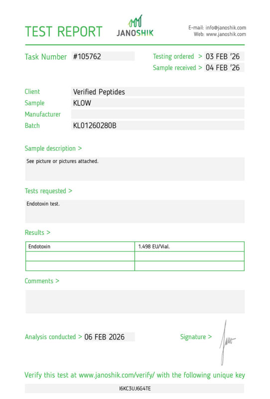 KLOW Peptide Endotoxin Certificate of Analysis Lab Test Report February 2026