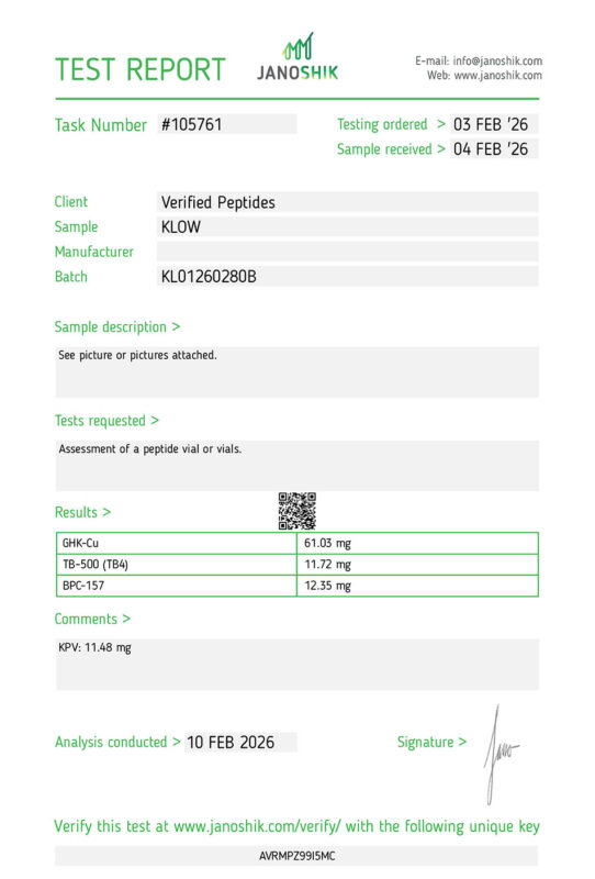 KLOW Peptide Purity Certificate of Analysis Lab Test Report February 2026