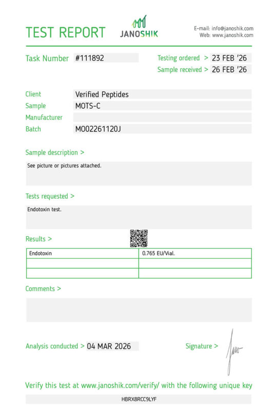 MOTSC Peptide Endotoxin Certificate of Analysis Lab Test Report March 2026