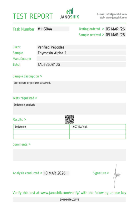 Thymosin Alpha-1 Peptide Endotoxin Certificate of Analysis Lab Test Report March 2026